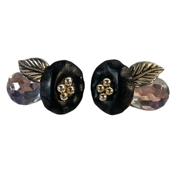 Vintage 1-1/2" Black Flower with Large Rhinestone Clip-On Earrings - Picture 1 of 5